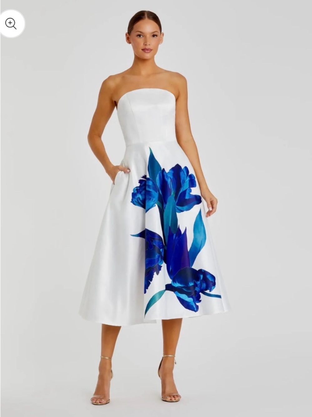 MAC DUGGAL
White Strapless Satin Midi Dress With Flower Print 21075